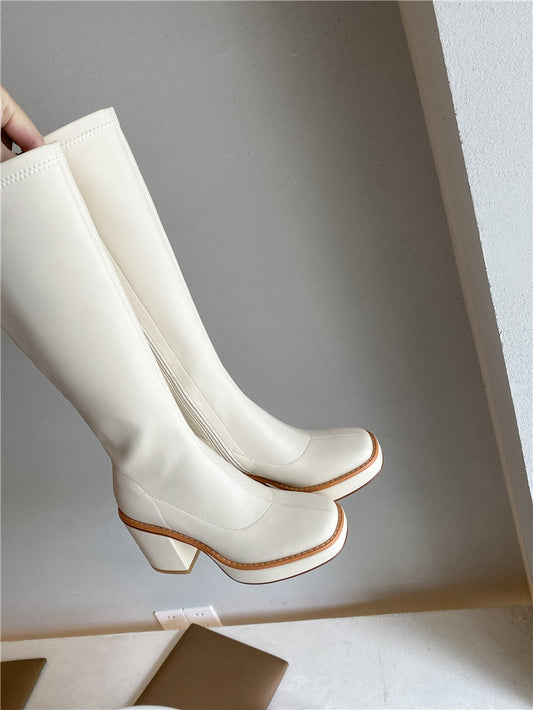 レディースブーツ 厚手ハイヒール スクエアトゥ プラットフォームブーツ