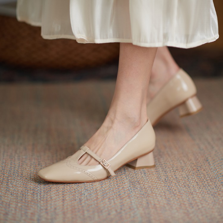 Women Leather Mid-Heel Pumps Shoes