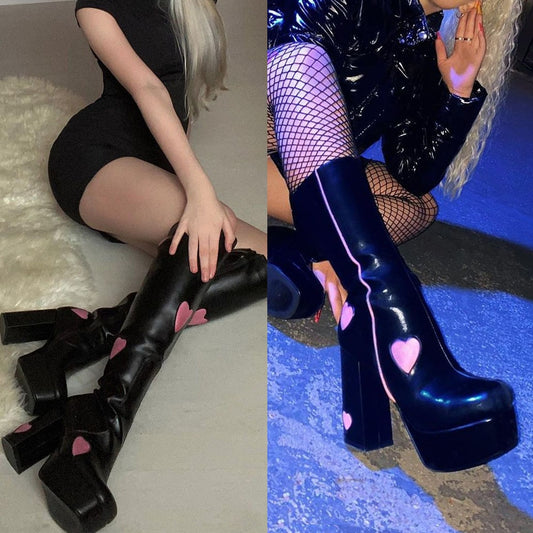 レディース プラットフォーム スクエアトゥ 厚手ハイヒール ミッドカーフブーツ