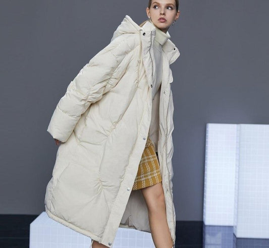 レディース 新作 冬 フード付き ロング ルーズ ダウン アウター