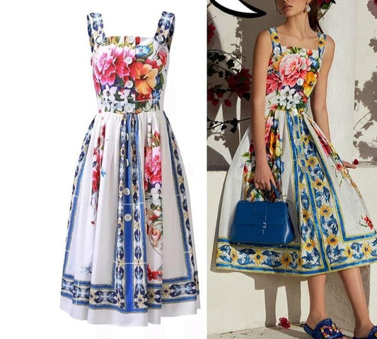 Vintage Elegant Strap Floral Print Midi Long Dress
