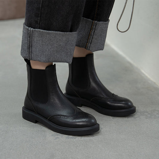 本革ローヒールレディースブーツ