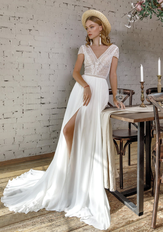 Long Beach Short Sleeves Bridal Gown