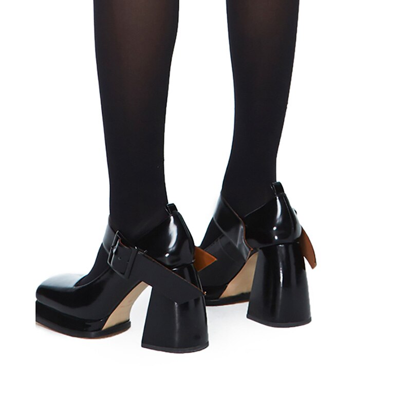 レディース スクエアトゥ チャンキー プラットフォーム パンプス