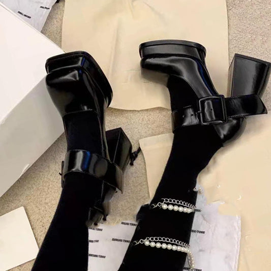 Women Square Toe Chunky Platform Pumps