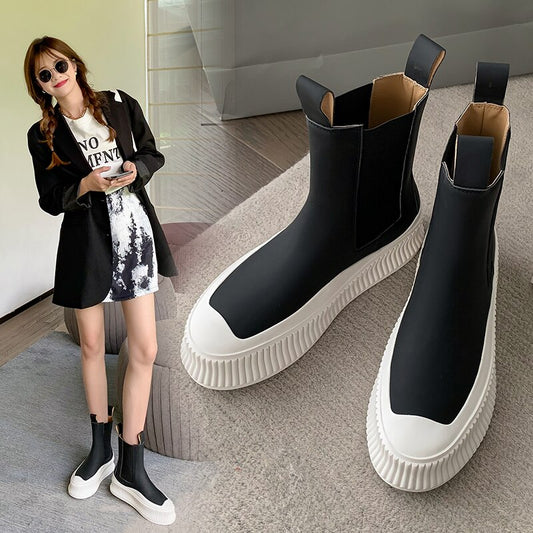 レディース フラット 本革 ラウンドトゥ プラットフォーム アンクルブーツ