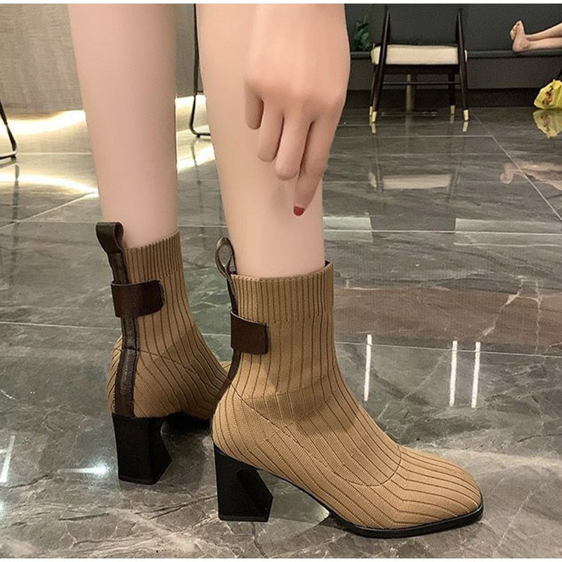 Women Knitted Ankle Boots Square Heel