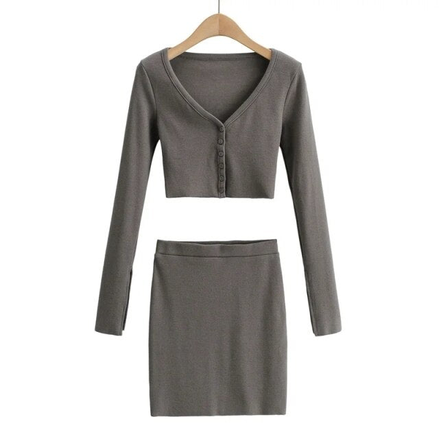 Women V Neck Crop Top Mini Skirt Set