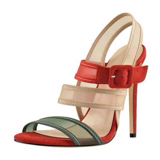 夏用スティレットハイヒールサンダル メッシュ アンクルバックル ブラック レッド
