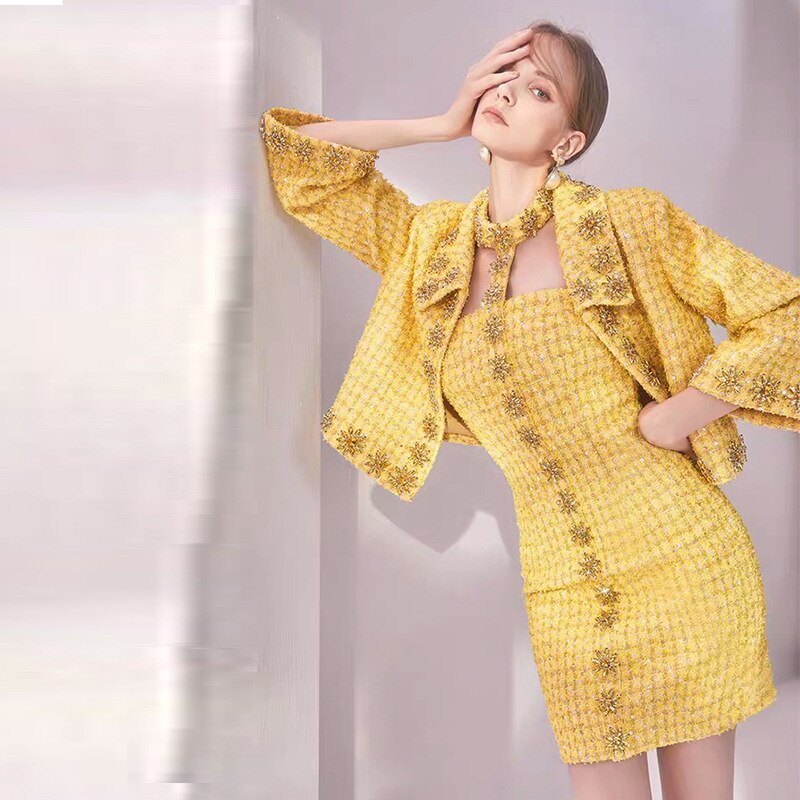 レディース高品質クリスタルツイードコート