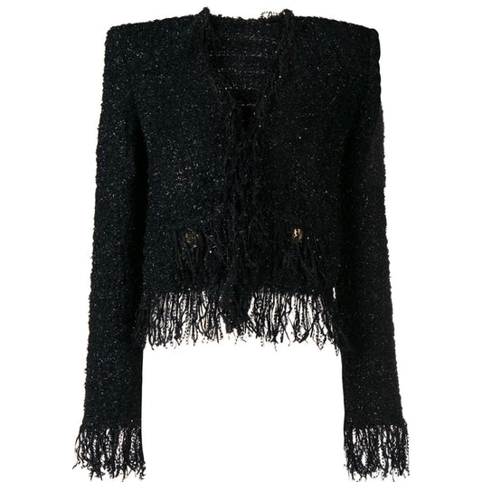 Woolen Tassel Lace Pocket Metal Button Women Jacket Coat