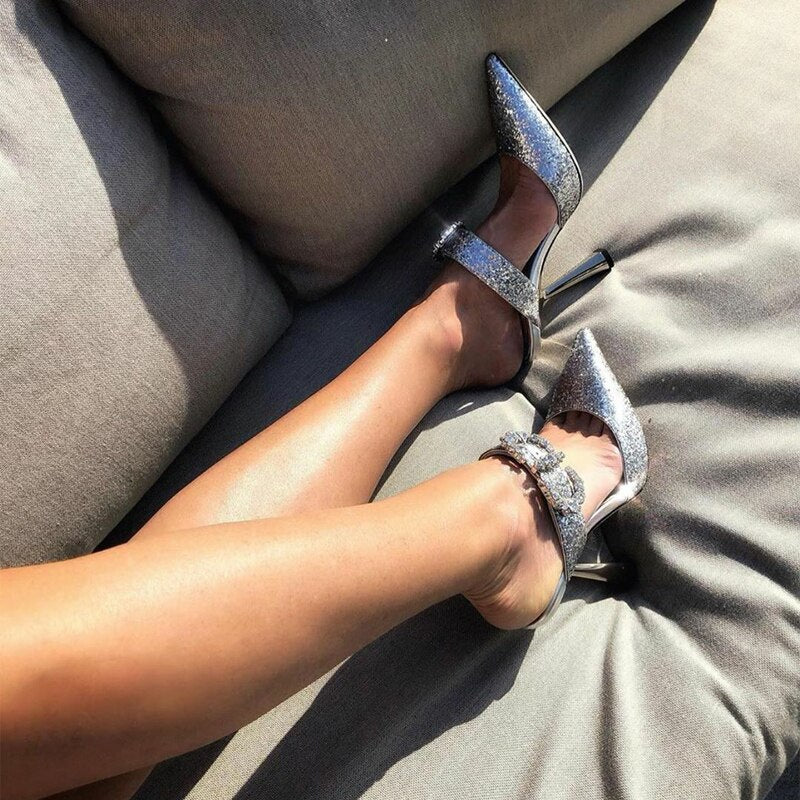 Women High Heels Rhinestone Buckle Pointed Toe Shoes