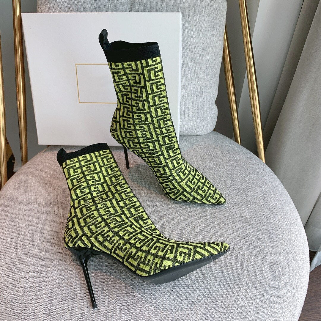 Women Shoes Knitted Mid-Calf Sock Boots Pointed Toe