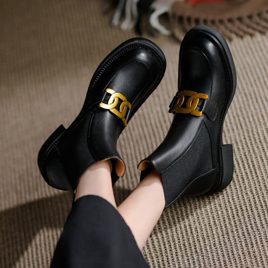 レディース アンクルブーツ 本革 チャンキーヒール パンプス