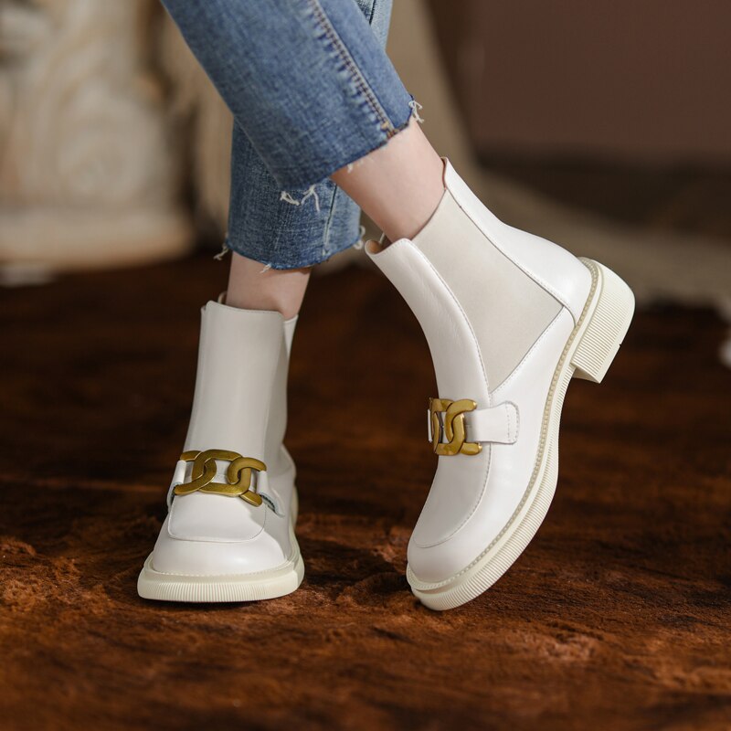 Women Ankle Boots Genuine Leather Chunky Heels Pumps
