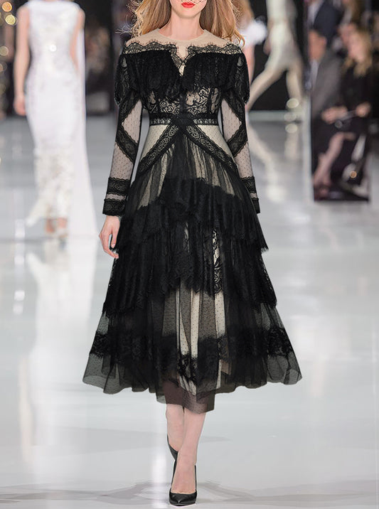 Runway Fashion Lace Dress 2022 Designer Mesh Elegant Ruffles