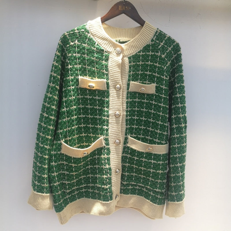 Sweater Coat Retro Shirt Plaid Loose Knit Ladies
