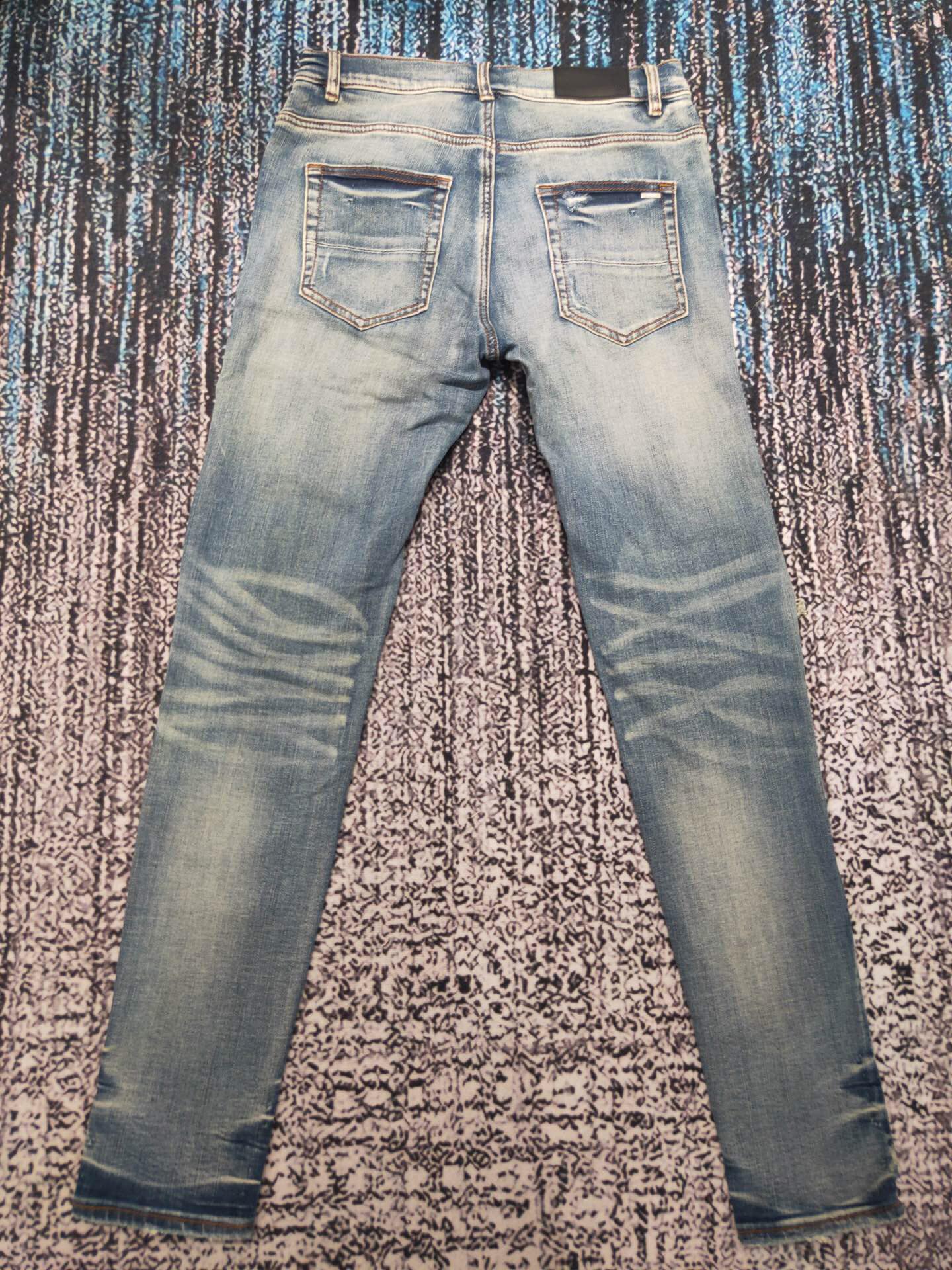 men skinny pink leather ribbed patch distressed indigo jeans