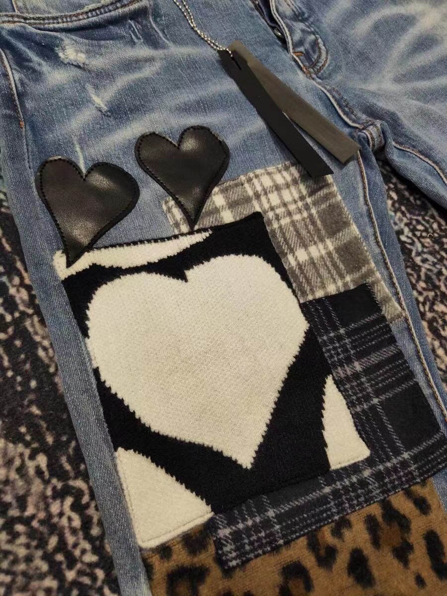 men art patches distressed blue jeans