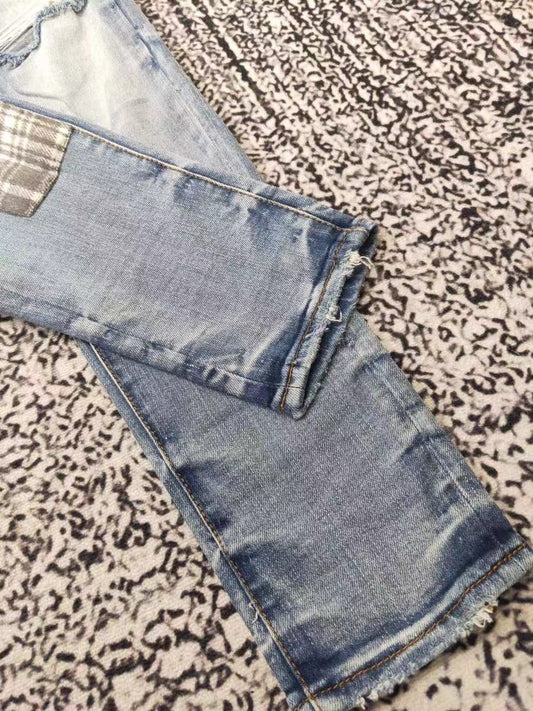 メンズ アート パッチ ダメージ加工 ブルー ジーンズ