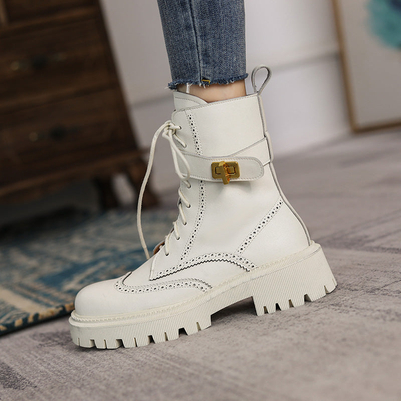 Chunky Heels Elegant Winter Ankle Boots Cow Leather Women