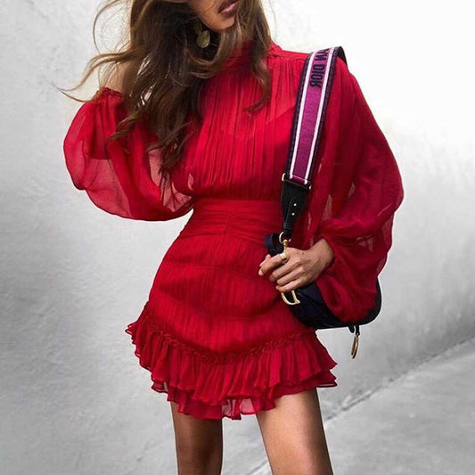 Elegant Dress For Women Stand Collar Lantern Leopard Ruched Mini Dresses