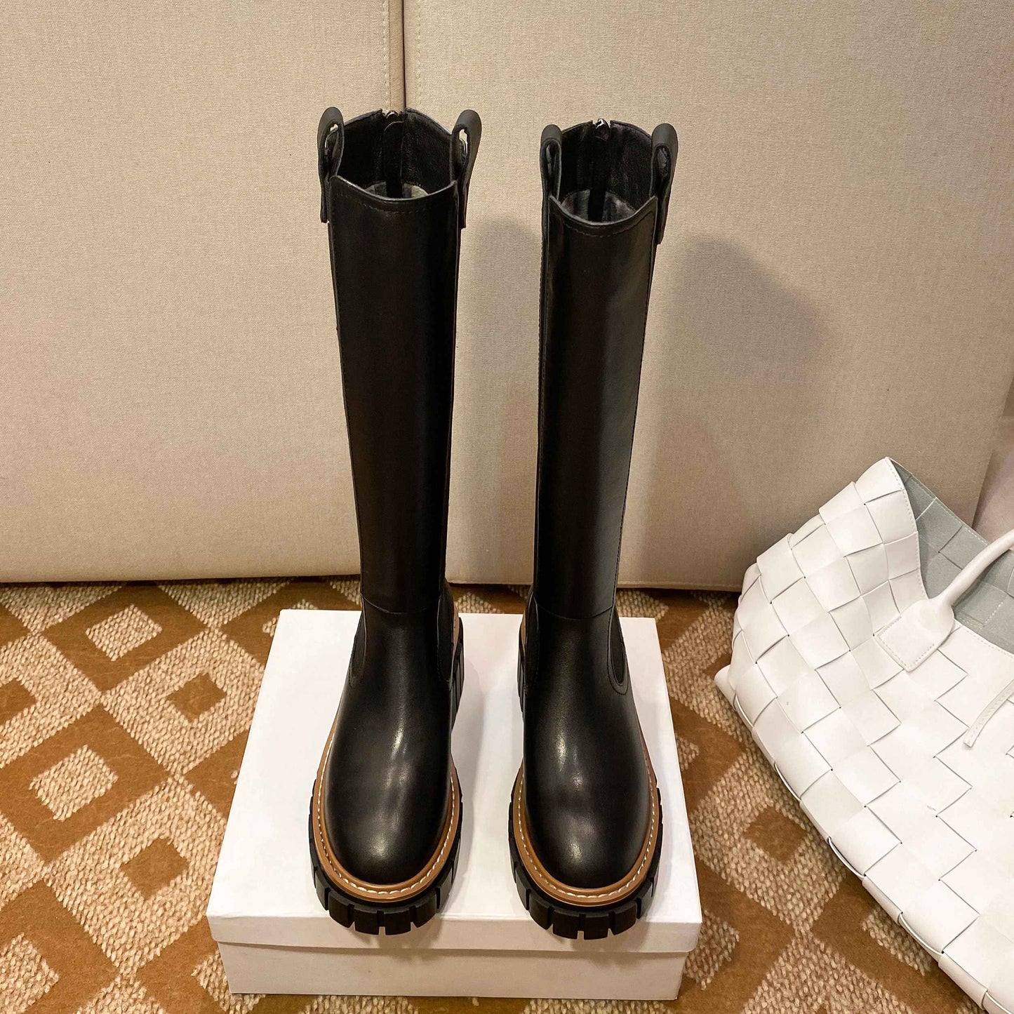 mixed colors platform round toe thick high heel boots