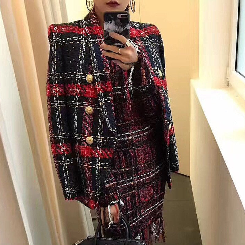 チェック柄編み織り 長袖ポリエステルコート