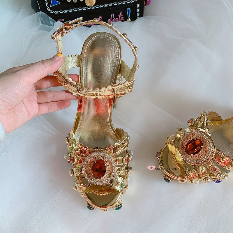 Luxury Gold Metallic Leather Chunky Heel Sandals