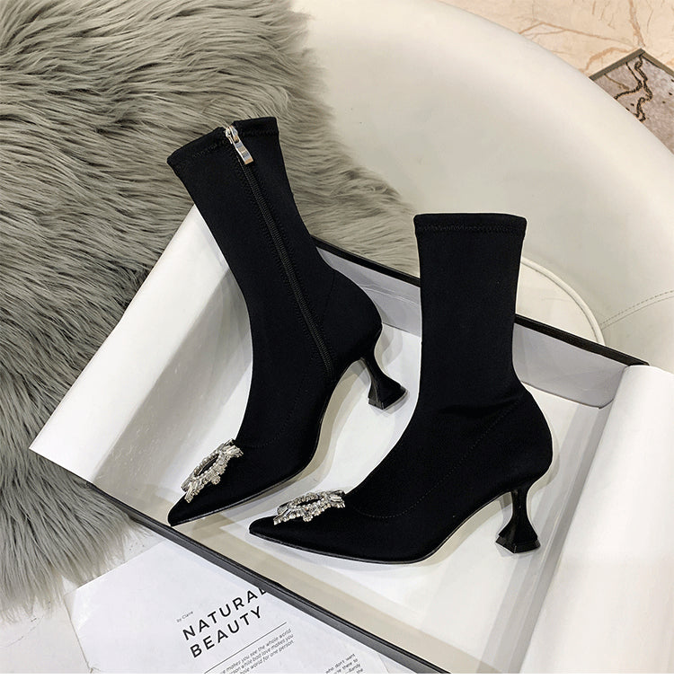 women un buckle rhinestone high heel boots