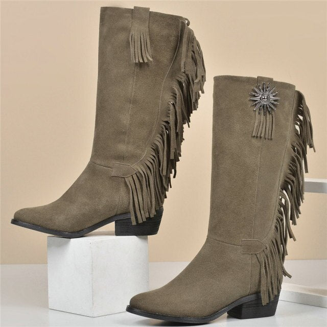 Women Chunky Heels Mid Calf Motorcycle Boots