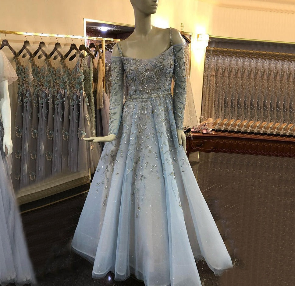 Blue Luxury A-Line Evening Dress Long Sleeve