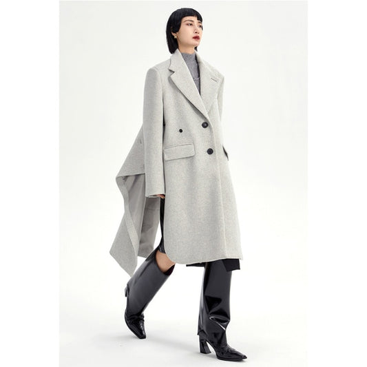 Loose Fit Gray Irregular Big Size Shaped Woolen Coat