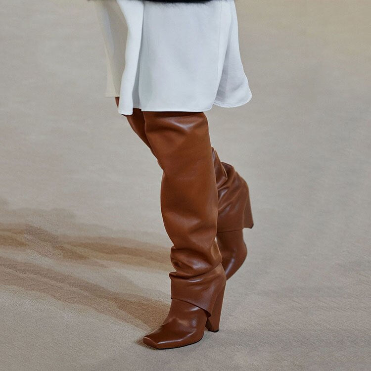 Women's heels nude shiny leather over the Knee Boots