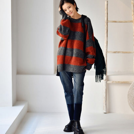 Oversize loose Languid lazy style round neck striped sweater