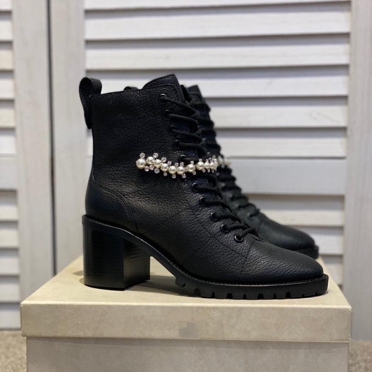 女性用クリスタルミッドヒールアンクルブーツ