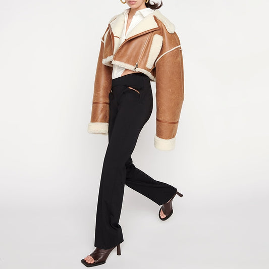 Patchwork PU Leather Colorblock Jacket For Women