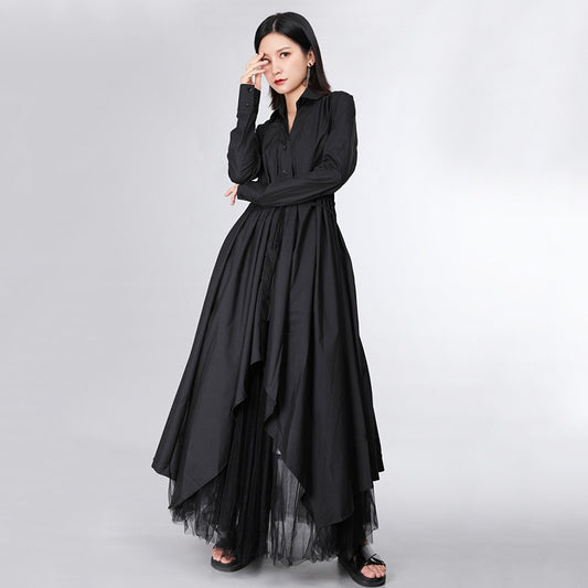 Bandage Stitch Pleated Shirt Dress Women Fashion Tide