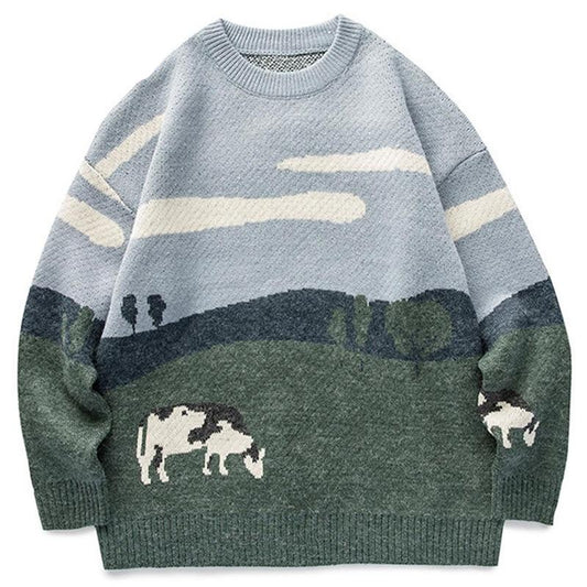 Cow Vintage Winter Knit Streetwear Oversize