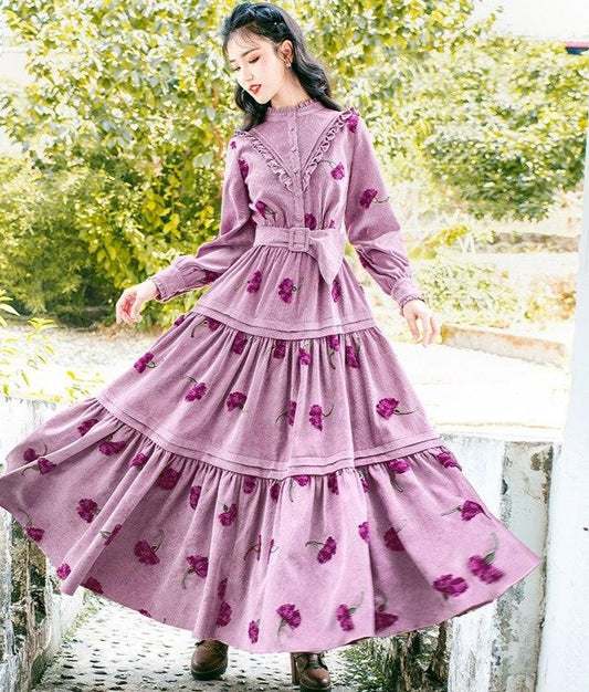 Women Vintage Long Maxi Gorgeous Embroidery Flowers Dresses