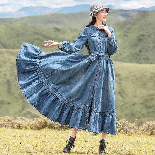 Women Vintage Denim Long Maxi Dresses