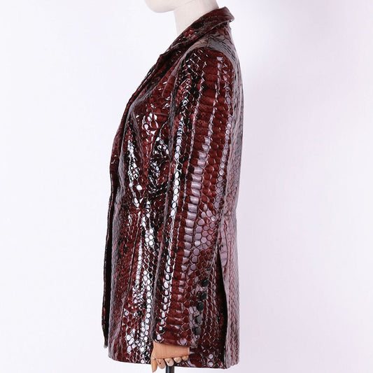 Women Snake Shiny Patent Leather Jacket