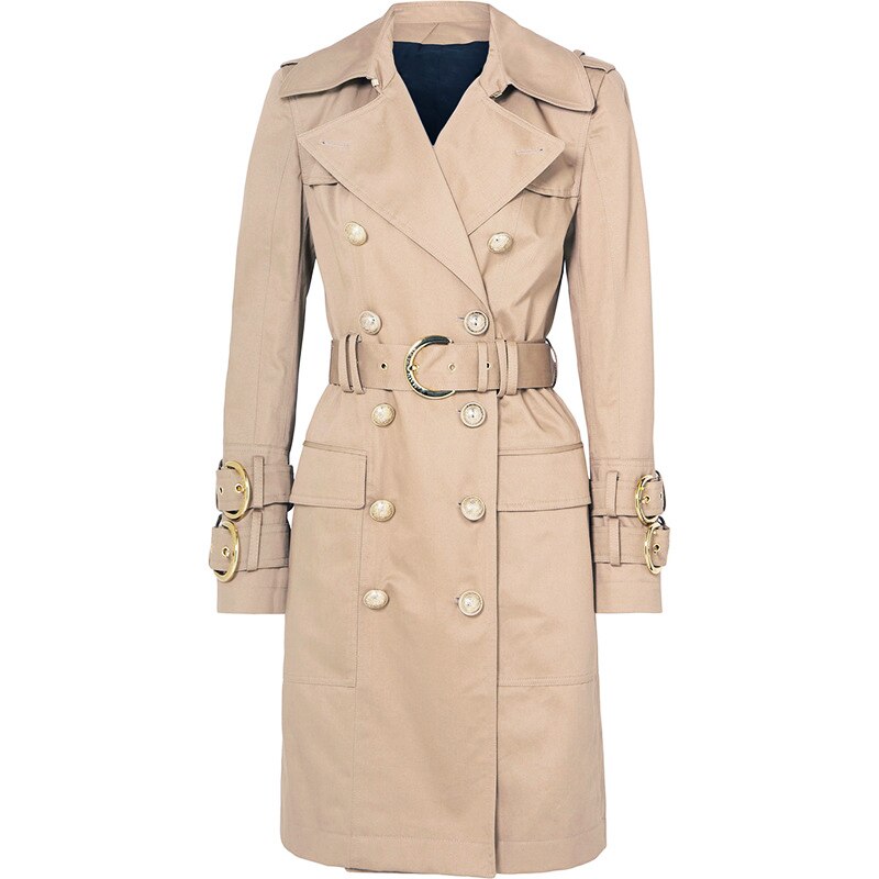 New Khaki double breasted long sleeve belt Lapel fit medium length trench coat can customized big size