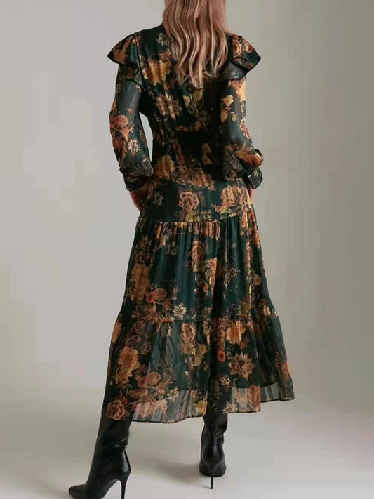 Print Floral Colorblock Dress For Women Stand Collar Long Sleeve