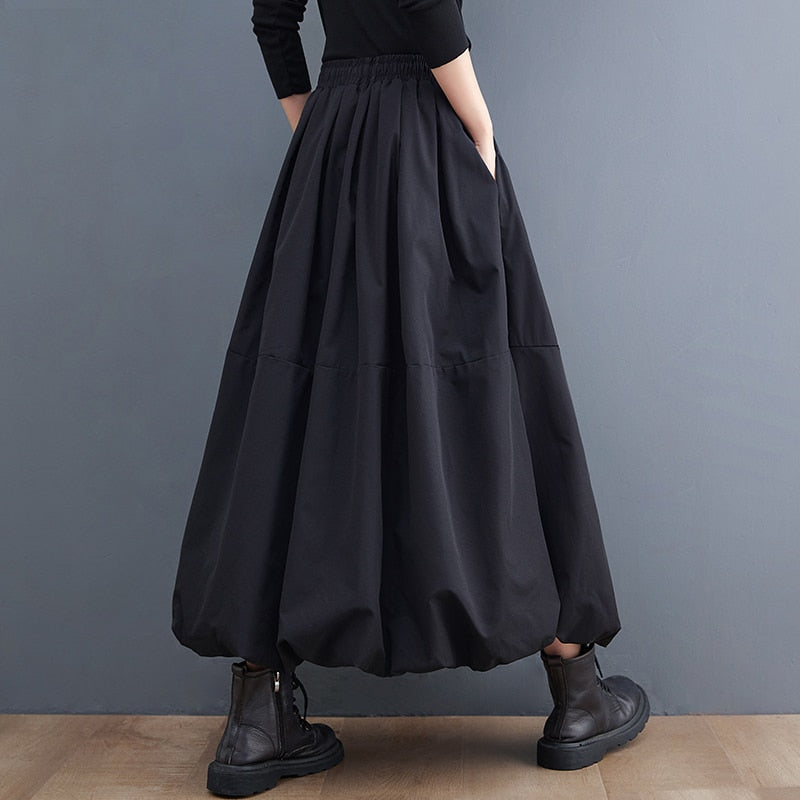 Black Vintage High Waist Pleated Skirt Women Plus Size