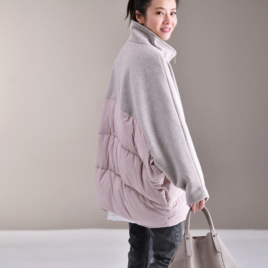 wool patchwork loose stand collar down jacket
