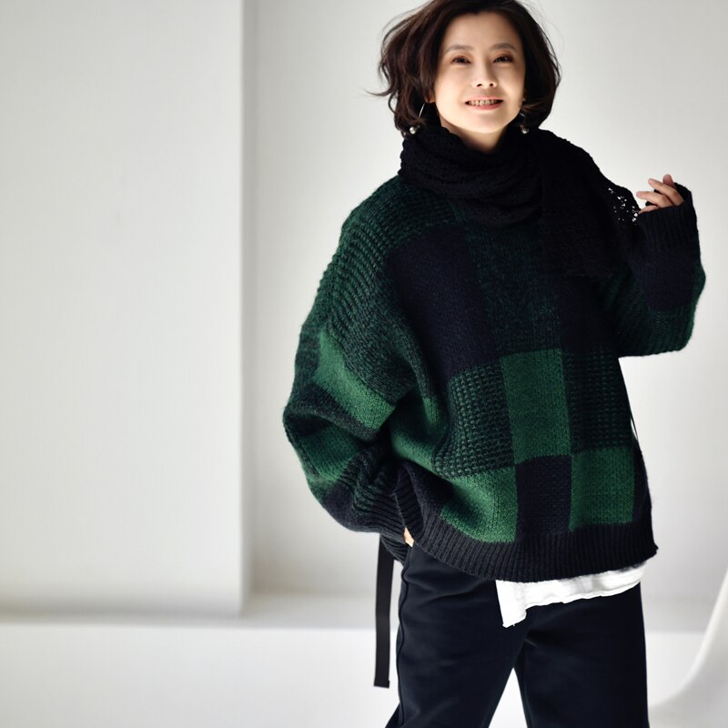 lazy Wool blended round collar plaid sweater
