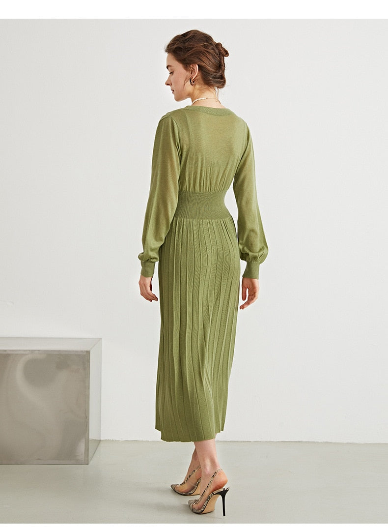 Woman Long Dress Wool Blend Long Sleeves V Neck