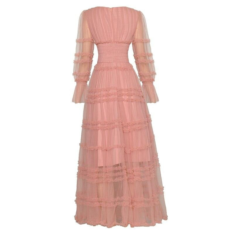 Mesh ruffle Elastic waist Slim elegant long dress