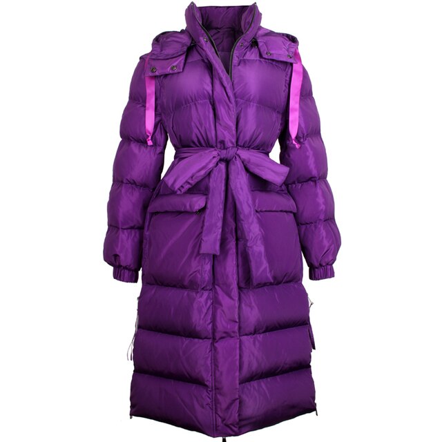 Women vintage camouflage print belt slim thick winter down coat